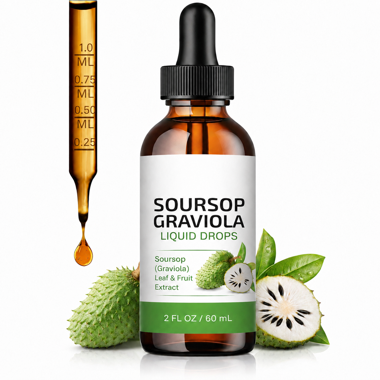 Soursop Graviola Liquid Drops: Leaf and Fruit Extrat, Sugar and Alchol Free, 2 fl oz / 60 mL