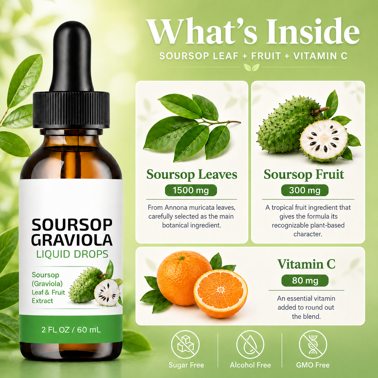 Soursop Graviola Liquid Drops: Leaf and Fruit Extrat, Sugar and Alchol Free, 2 fl oz / 60 mL