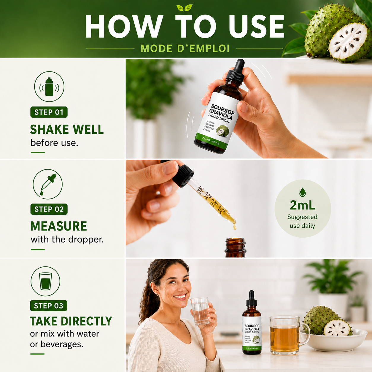 Soursop Graviola Liquid Drops: Leaf and Fruit Extrat, Sugar and Alchol Free, 2 fl oz / 60 mL