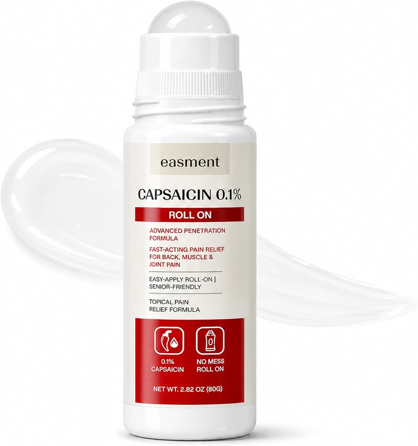Capsaicin Roll On 0.1% for Muscle & Joint Pain Relief, Warming No-Mess Topical Cream Alternative for Back, Neck, Knee, Foot & Hand Aches, Fragrance Free, 2.82 fl oz