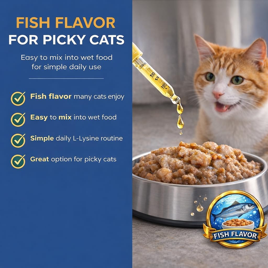 L-Lysine for Cats Liquid Drops (Fish Flavor) - Immune & Respiratory Support Cat Supplement with Vitamins A, B1, B6 & Botanicals