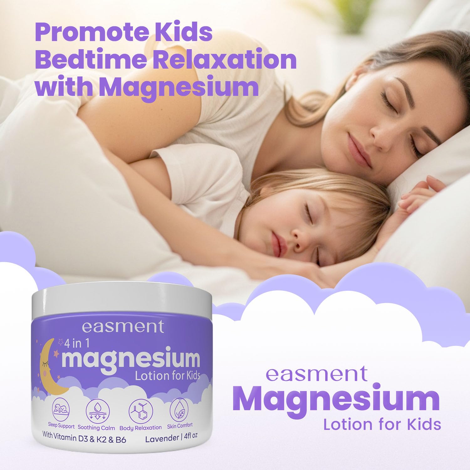 Magnesium Lotion for Kids Sleep & Calming - Lavender Chamomile Cream with Vitamins D3, K2 & B6 for Sensitive Skin, Babies & Toddlers