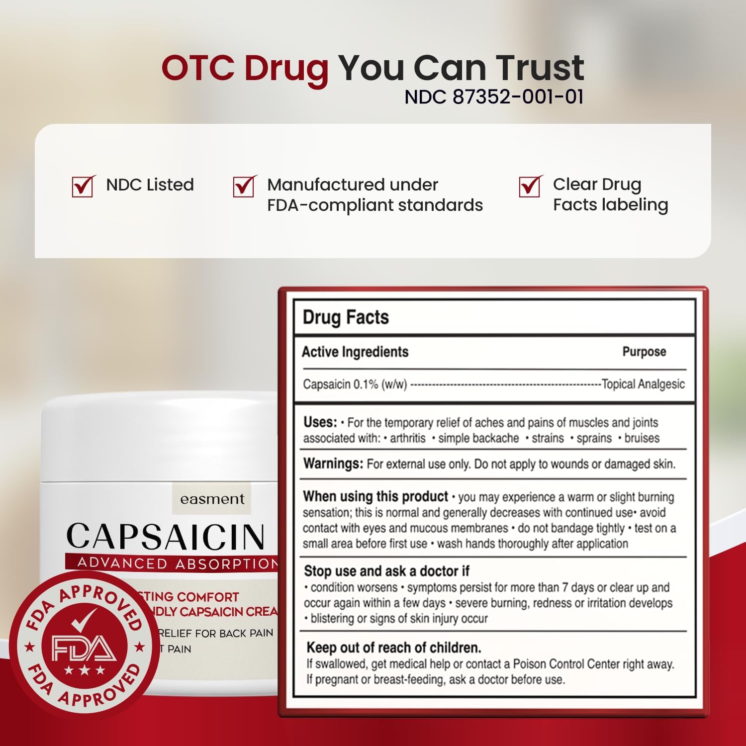 Capsaicin 0.1% Pain Relief Cream for Arthritis, Muscle, Joint & Back Pain - Medicated Topical Cream with Arnica, Aloe & Chamomile (4.23 oz)