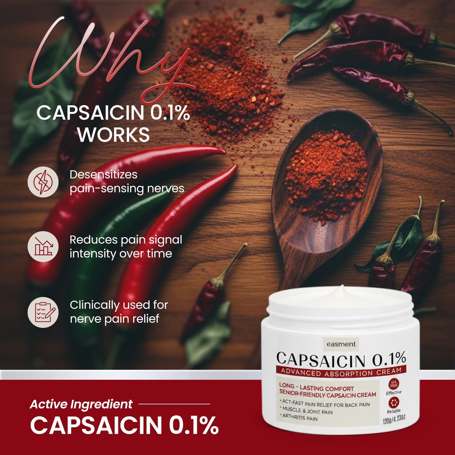 Capsaicin 0.1% Pain Relief Cream for Arthritis, Muscle, Joint & Back Pain - Medicated Topical Cream with Arnica, Aloe & Chamomile (4.23 oz)