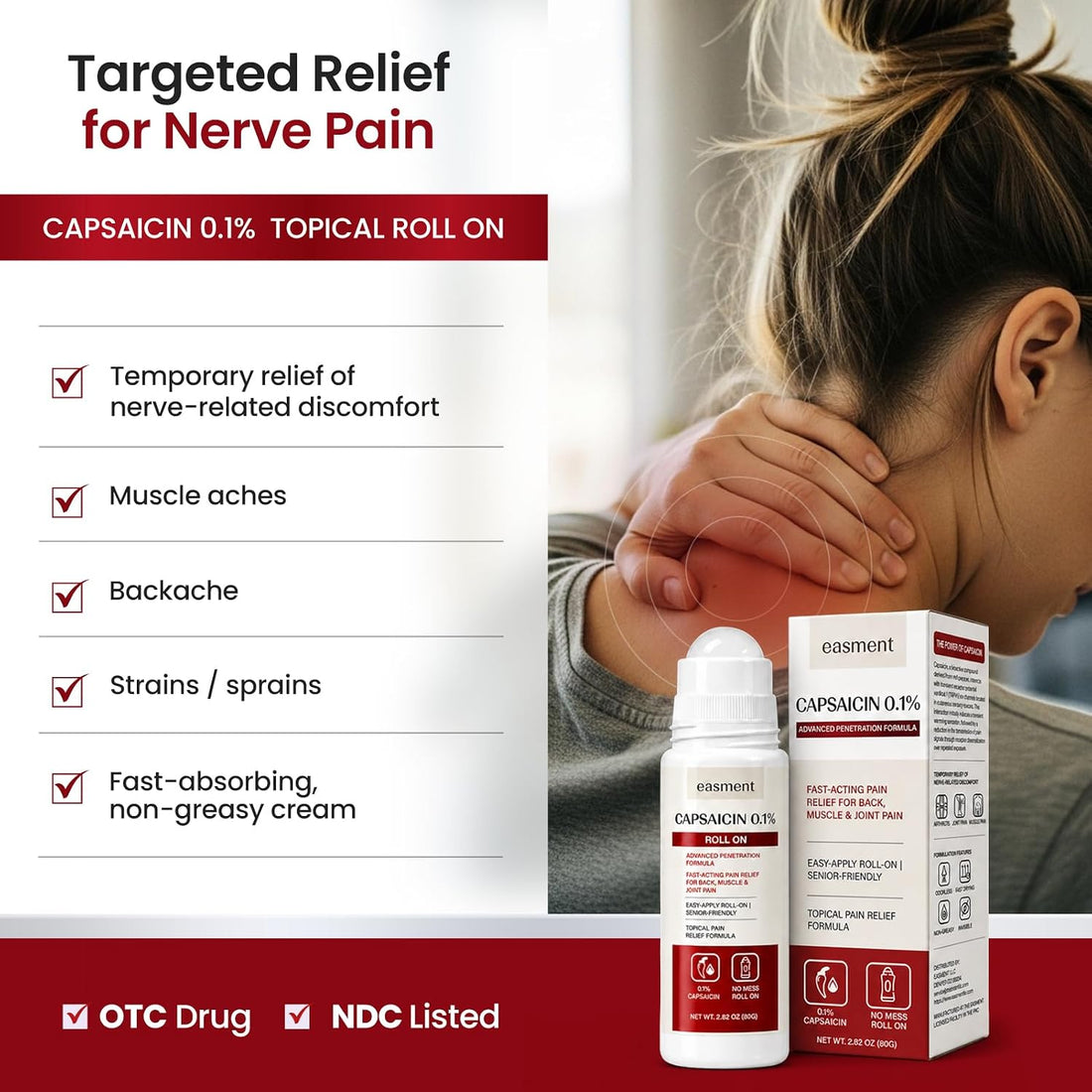 Capsaicin Roll On 0.1% for Muscle & Joint Pain Relief, Warming No-Mess Topical Cream Alternative for Back, Neck, Knee, Foot & Hand Aches, Fragrance Free, 2.82 fl oz