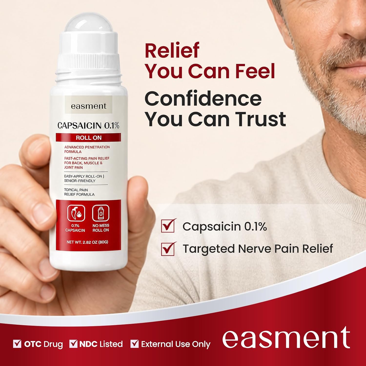 Capsaicin Roll On 0.1% for Muscle & Joint Pain Relief, Warming No-Mess Topical Cream Alternative for Back, Neck, Knee, Foot & Hand Aches, Fragrance Free, 2.82 fl oz