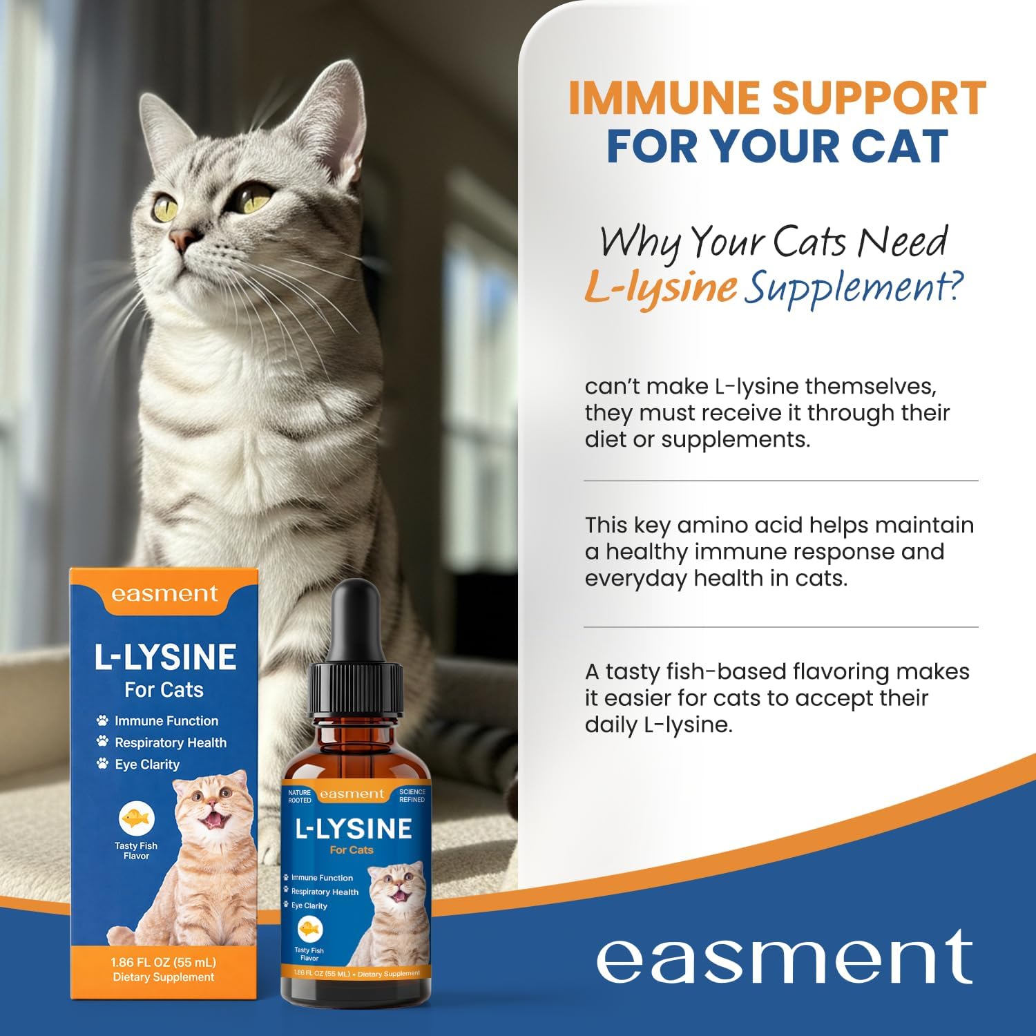 L-Lysine for Cats Liquid Drops (Fish Flavor) - Immune & Respiratory Support Cat Supplement with Vitamins A, B1, B6 & Botanicals