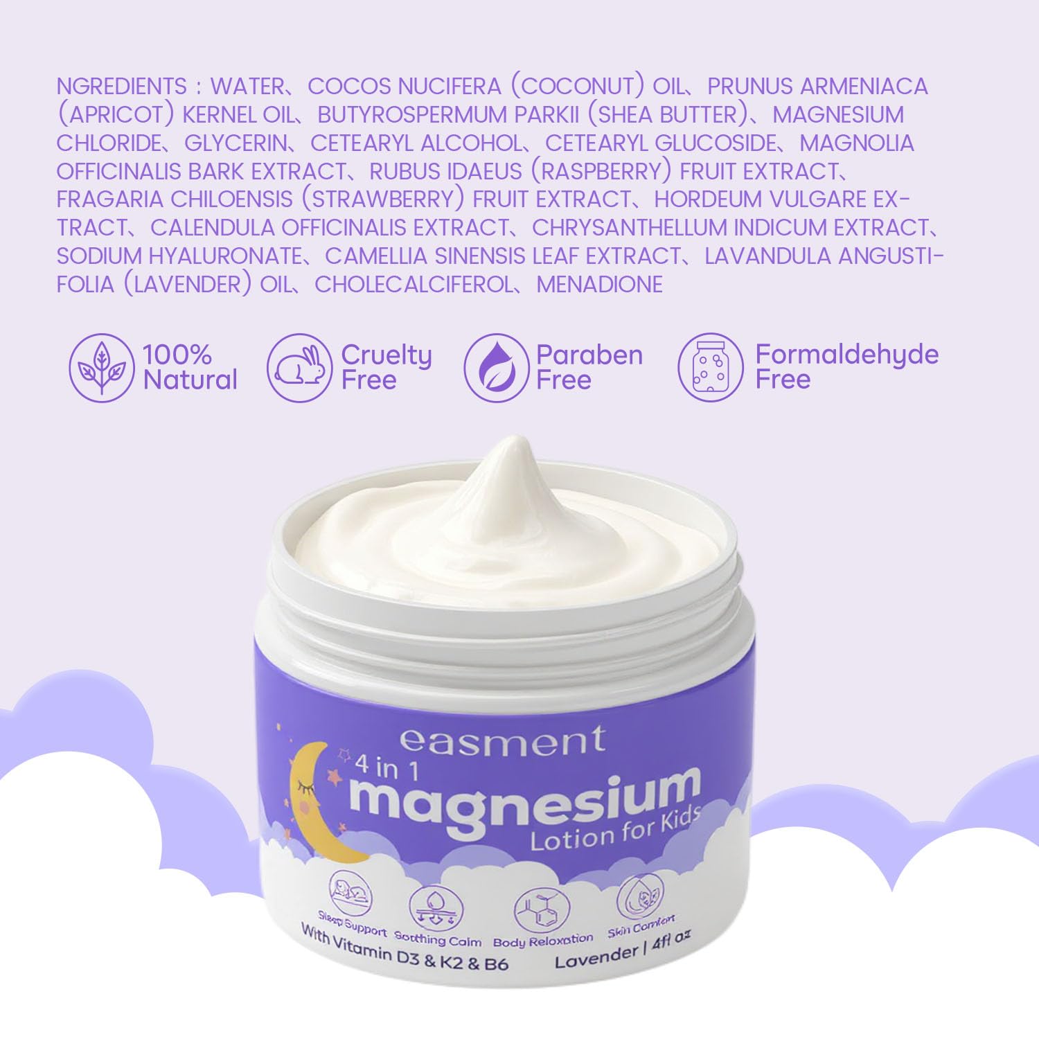 Magnesium Lotion for Kids Sleep & Calming - Lavender Chamomile Cream with Vitamins D3, K2 & B6 for Sensitive Skin, Babies & Toddlers