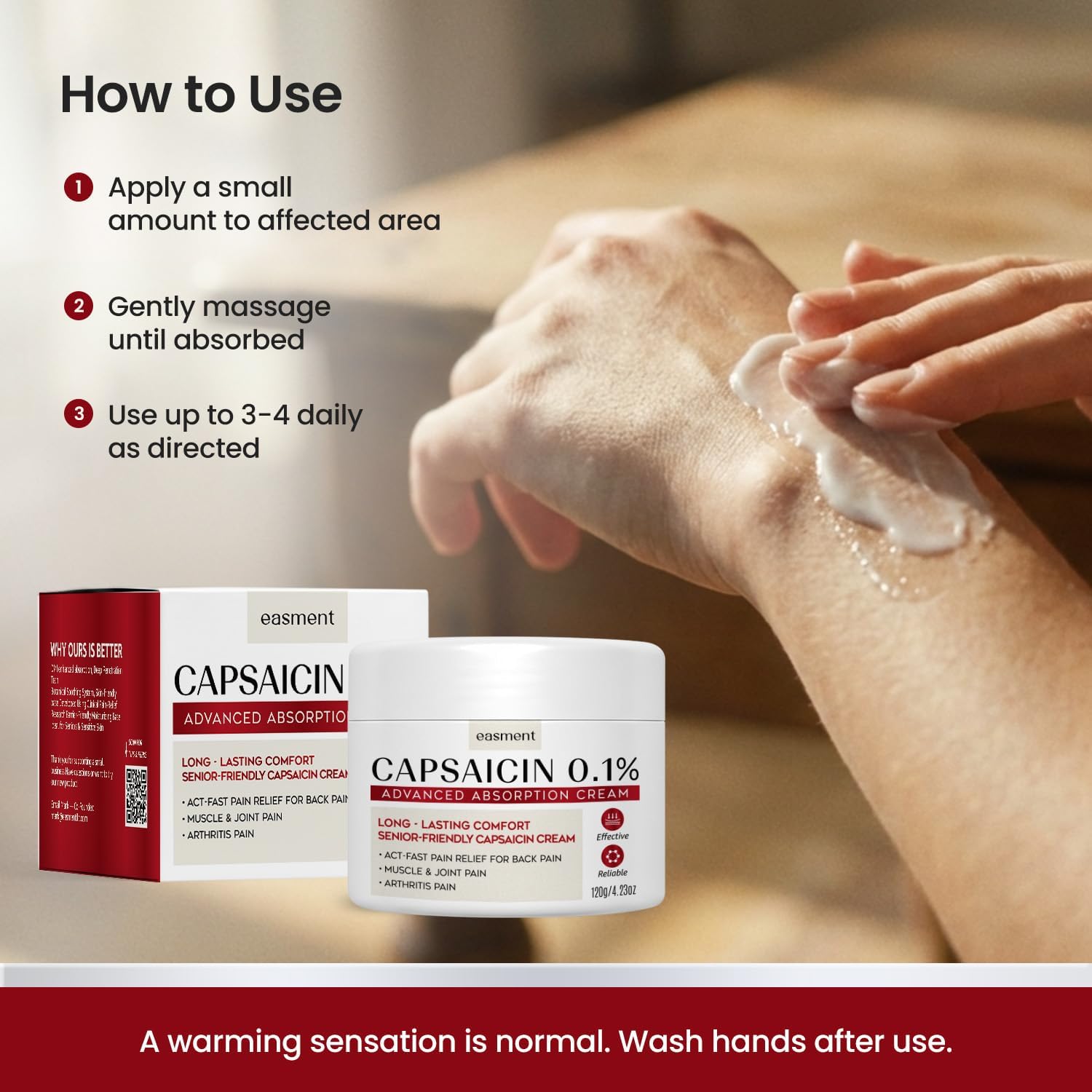 Capsaicin 0.1% Pain Relief Cream for Arthritis, Muscle, Joint & Back Pain - Medicated Topical Cream with Arnica, Aloe & Chamomile (4.23 oz)
