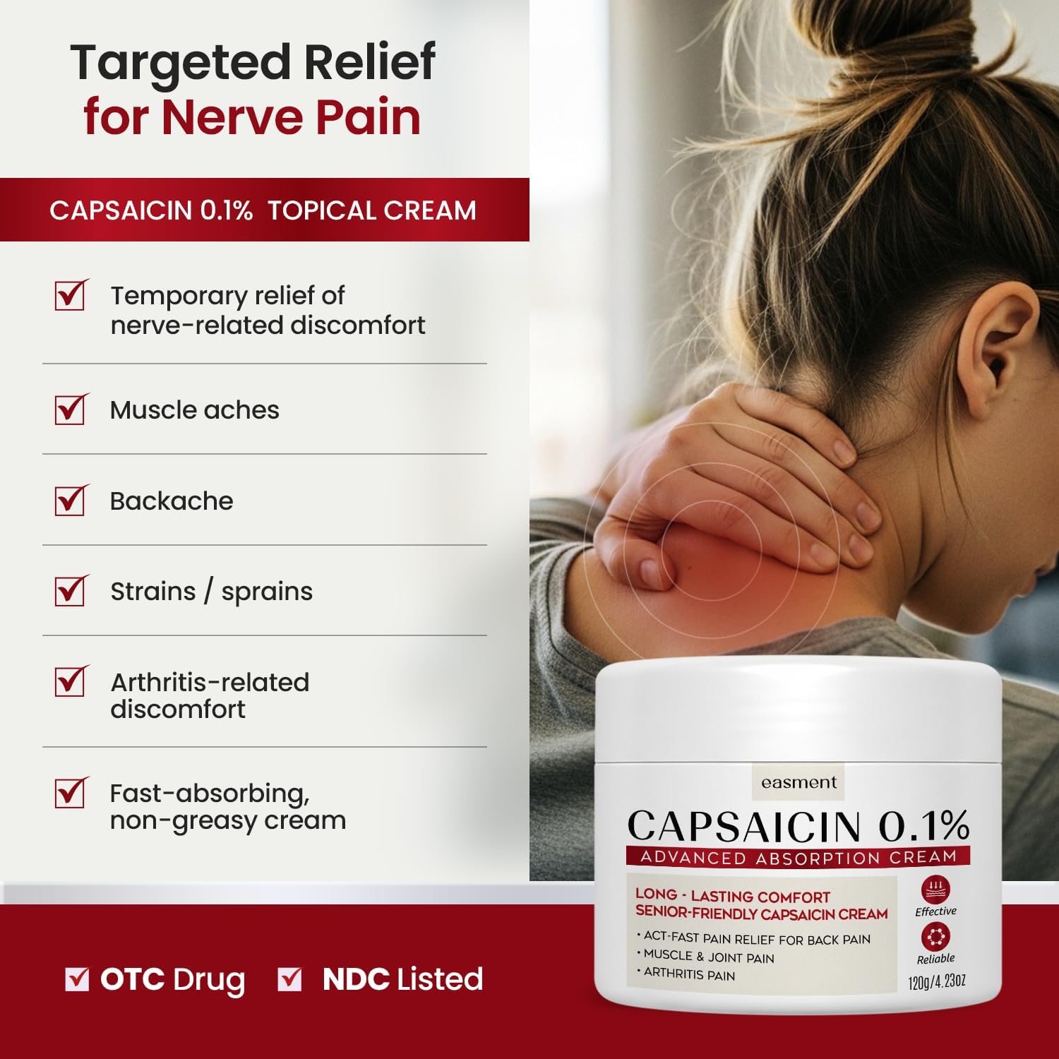 Capsaicin 0.1% Pain Relief Cream for Arthritis, Muscle, Joint & Back Pain - Medicated Topical Cream with Arnica, Aloe & Chamomile (4.23 oz)