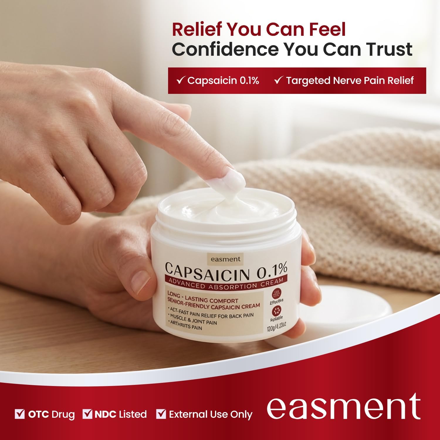Capsaicin 0.1% Pain Relief Cream for Arthritis, Muscle, Joint & Back Pain - Medicated Topical Cream with Arnica, Aloe & Chamomile (4.23 oz)