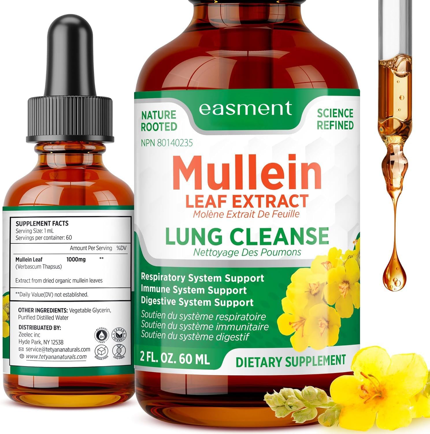 Mullein Leaf Extract Drops for Lungs – Herbal Supplement for Lung Cleanse, Mucus & Phlegm Relief – Alcohol-Free Liquid 60 mL