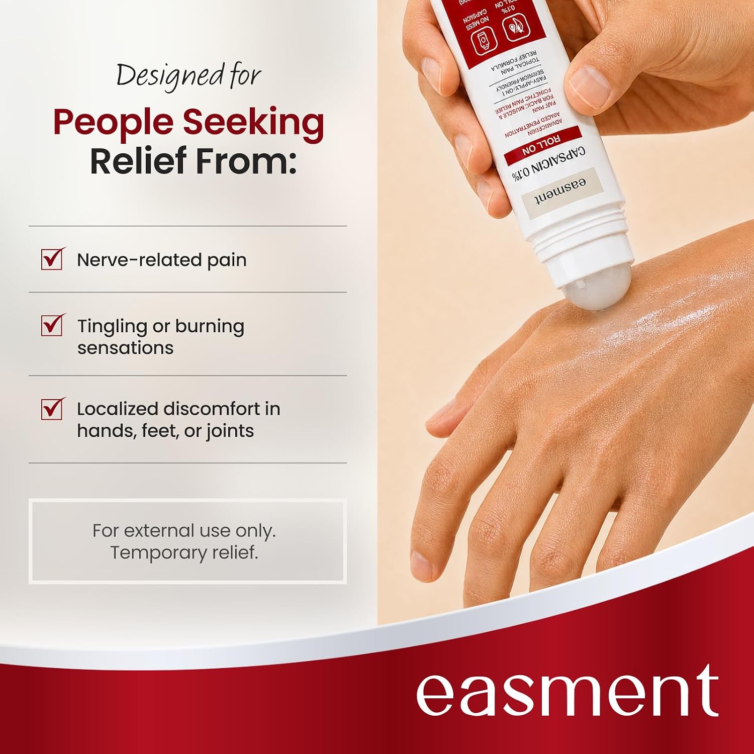 Capsaicin Roll On 0.1% for Muscle & Joint Pain Relief, Warming No-Mess Topical Cream Alternative for Back, Neck, Knee, Foot & Hand Aches, Fragrance Free, 2.82 fl oz
