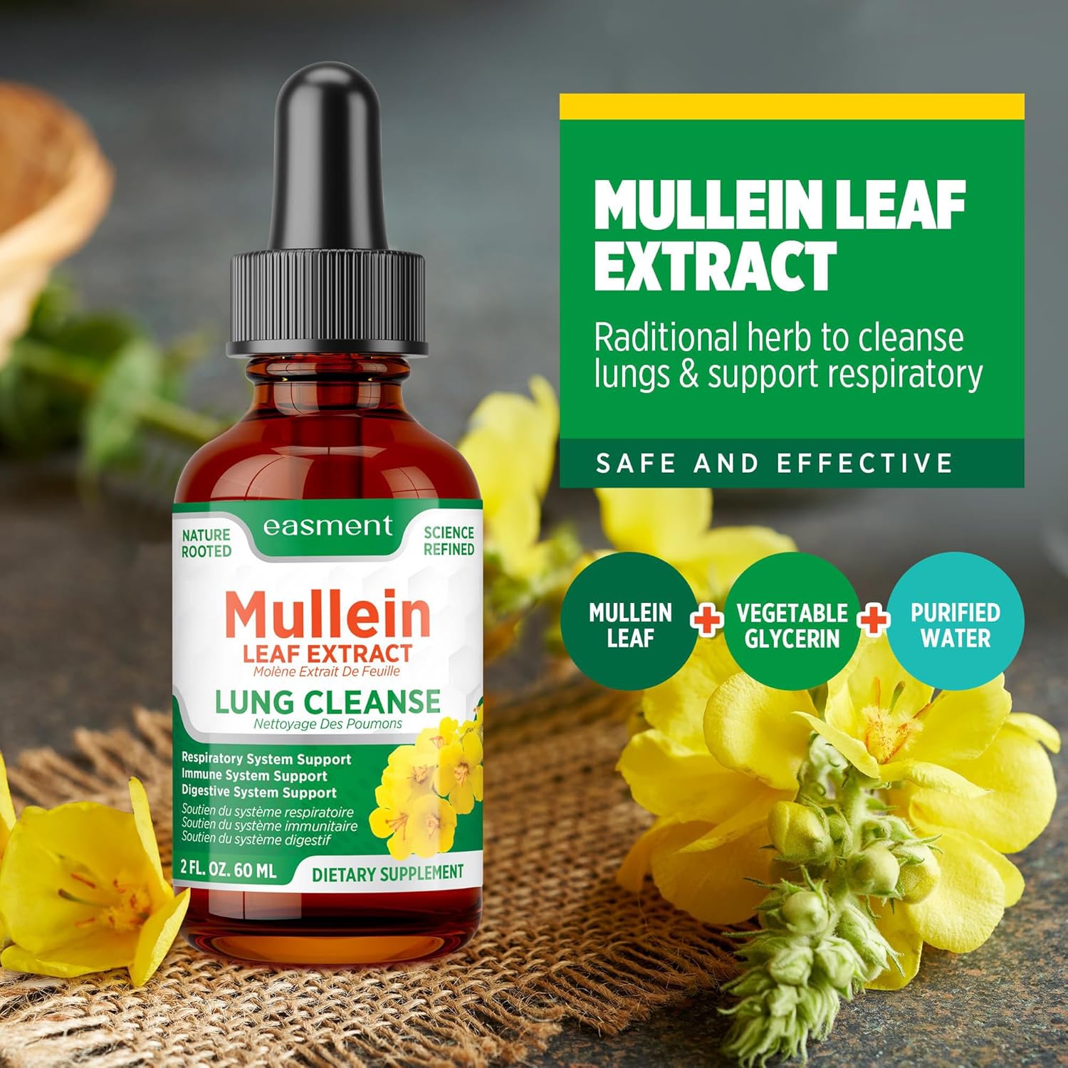 Mullein Leaf Extract Drops for Lungs – Herbal Supplement for Lung Cleanse, Mucus & Phlegm Relief – Alcohol-Free Liquid 60 mL
