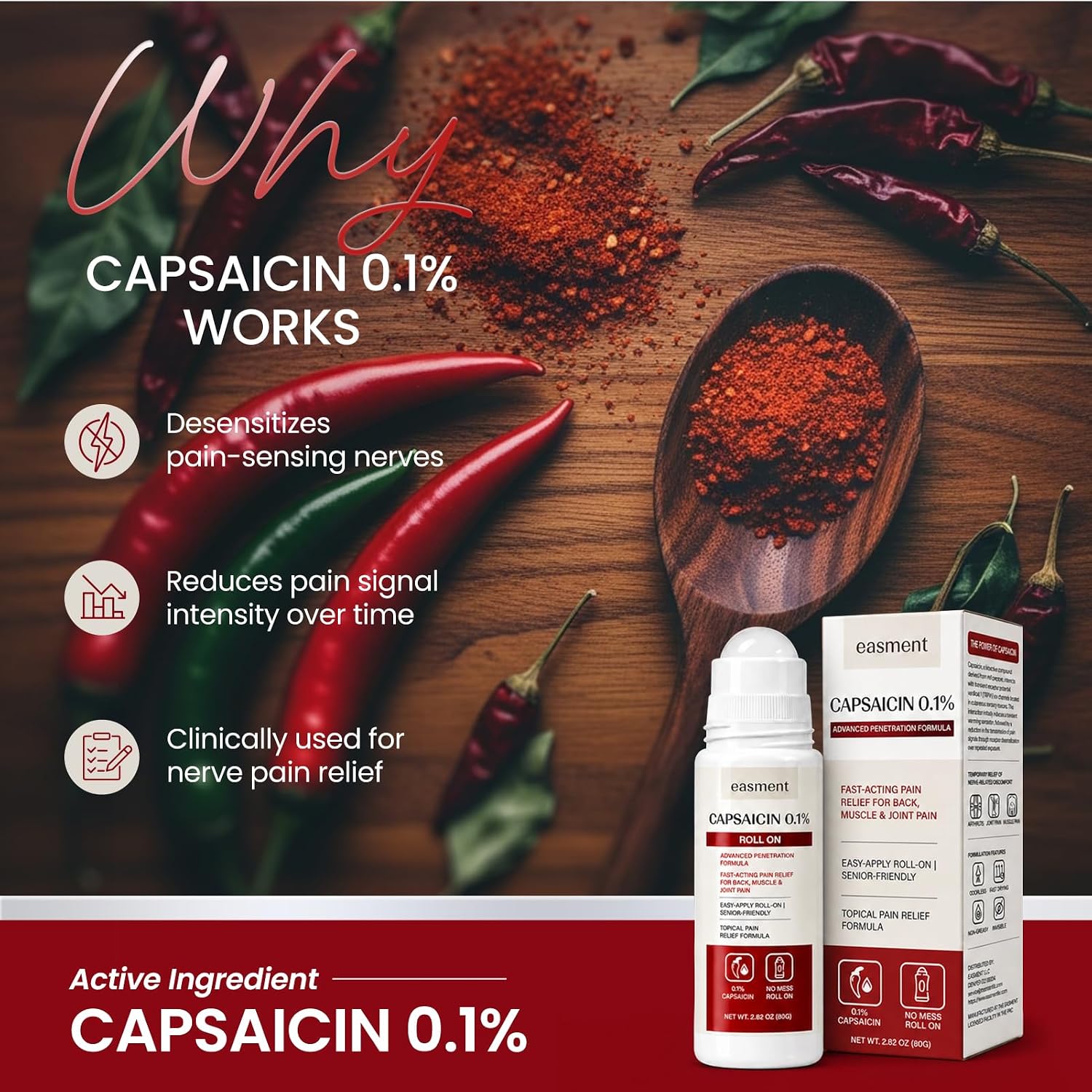 Capsaicin Roll On 0.1% for Muscle & Joint Pain Relief, Warming No-Mess Topical Cream Alternative for Back, Neck, Knee, Foot & Hand Aches, Fragrance Free, 2.82 fl oz