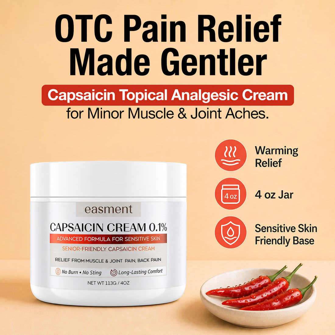 0.1% Capsaicin Pain Relief Cream For Sensitive Skin, Gentle Warming Formula | Joint Comfort for Hands, Knees, Neck & Back, with Arnica & Devil's Claw, Lightweight, Non-Greasy Formula