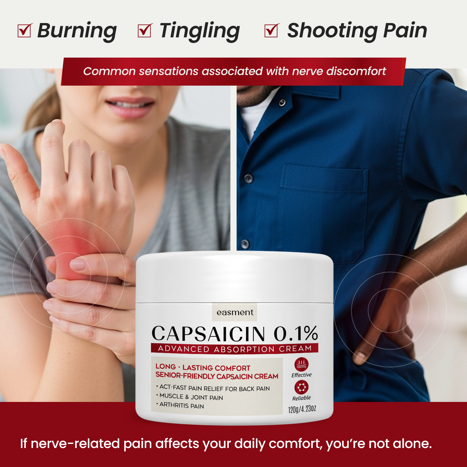 Easment Capsaicin Pain Relief Cream – Topical Arthritis & Muscle Pain Relief for Joint, Nerve & Back Pain – Medicated Pain Cream with Capsaicin 0.1% – Arnica, Aloe & Chamomile, 4.22 Fl Oz