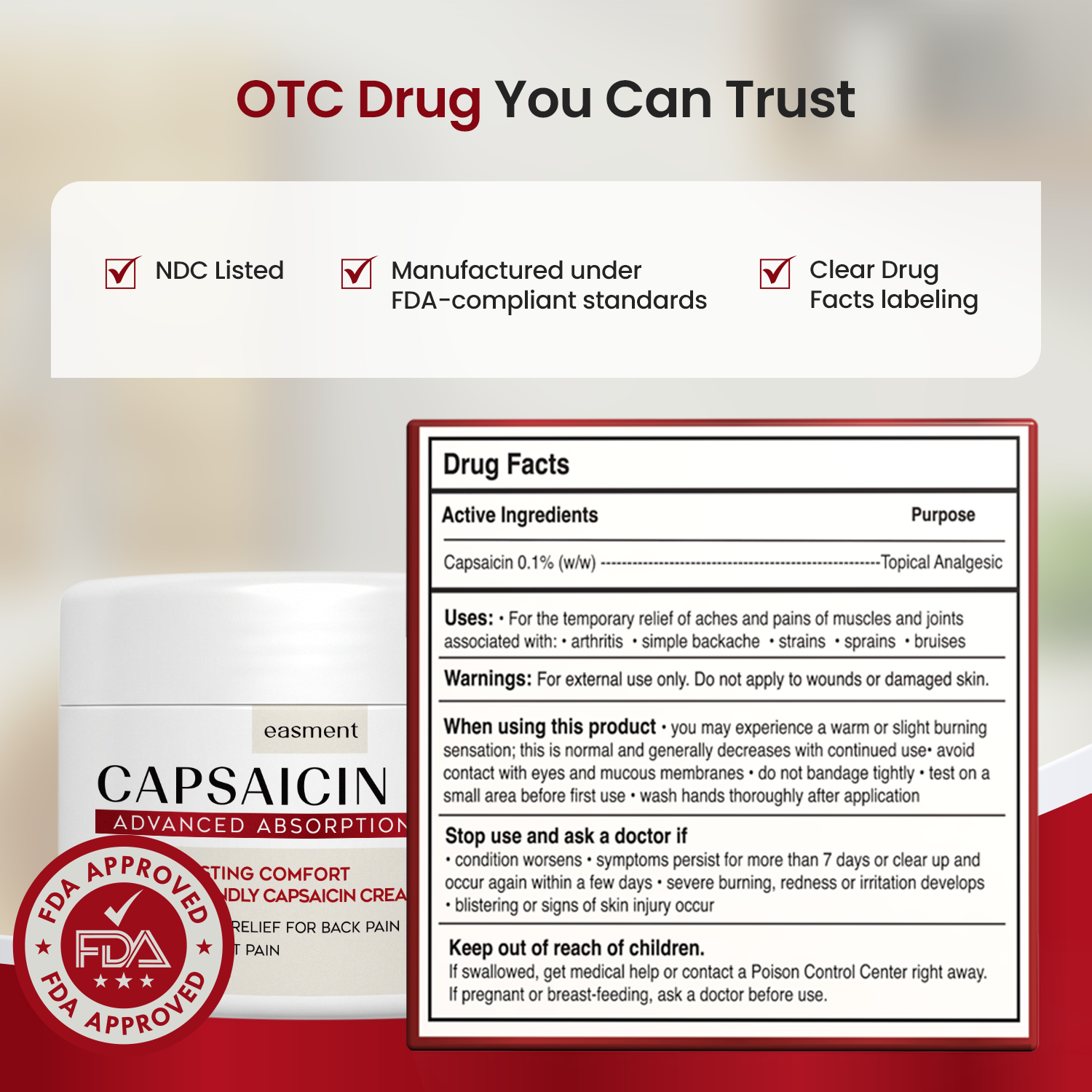 Easment Capsaicin Pain Relief Cream – Topical Arthritis & Muscle Pain Relief for Joint, Nerve & Back Pain – Medicated Pain Cream with Capsaicin 0.1% – Arnica, Aloe & Chamomile, 4.22 Fl Oz